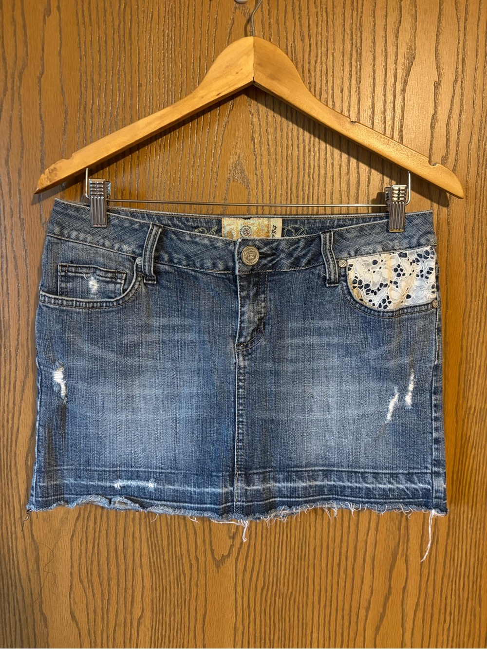 American Rag Distressed Denim Mini Skirt with Lace Pocket - Blue